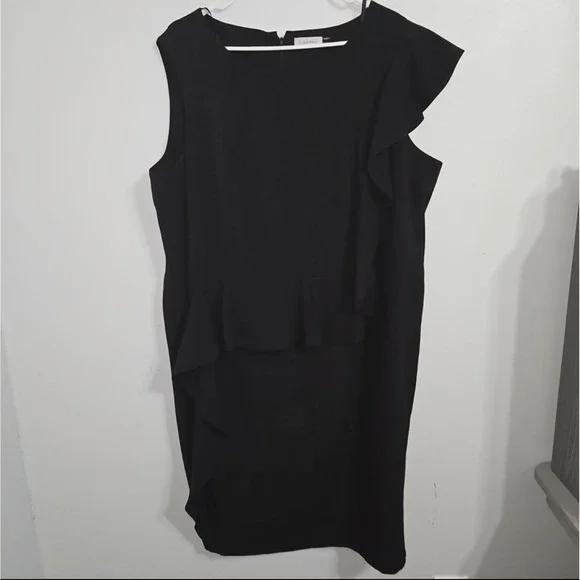 M#37 Calvin Klein Black Dress Women's 22W Sleeveless Ruffle Detail Sheath - Picture 1 of 3